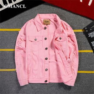 5XL 4XL Pink Ripped Denim Jackets Men/Women Hip Hop Holes Casual Fashion Distressed Streetwear Solid Male Jeans Jacket 201127