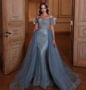 Dusty Blue 2022 Mermaid Prom Dresses With Detachable Train Beading Sexy Spaghetti Neck Evening Dress Formal Wear Party Gowns