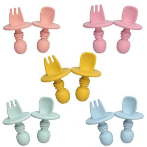 BAP Free Food Grade Infant Mini Silicone Tableware Set Baby Soft Kitchen Accession Fork Spoon Kids Portable Soild Color TeaSpoo 220512