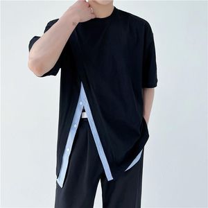 メンズTシャツ夏の韓国スタイルパーソナリティサイドスリットステッチTシャツの男性カジュアルルーズティーシャツ男性M-XLMen's