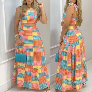 Vestidos de trabalho Mulheres duas peças Saias de colorido xadrez Conjunto 2022 Crop de detalhes femininos Top maxi saia de praia Casual roupas femininas