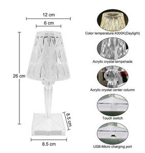 Decoração de casa Crystal Romantic Table Lamp RGB/LED branco Controle remoto de diamante USB Luzes de decoração de toque de carregamento