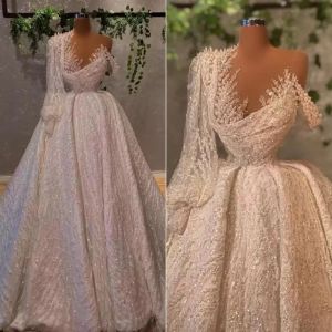 2022 Appliqued Wedding Dresses Bridal Gown Sweep Train Long Sleeves One Shoulder Pearls Beaded Csrystals Custom Made Vestidos De Novia