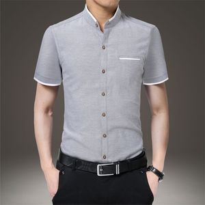 Summer New Korean Fashion Oxford Shirts Stand Collar Short Sleeve Slim Fit Shirt Men Casual White Gray Blouses Tops 4XL 5XL 210412