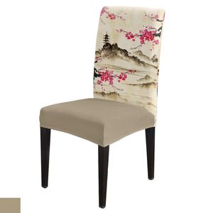 Stol täcker kinesisk stil bläck målning blommor landskap matsal bröllop stretch cover kök spandex coverchair