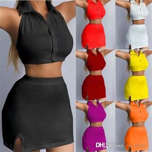 Frauen Zwei Stück Kleid Set Outfits Designer Casual Kleidung Sexy Bandage Polo Kragen Backless Tops Anzüge 2022 Sommer Rock Sets