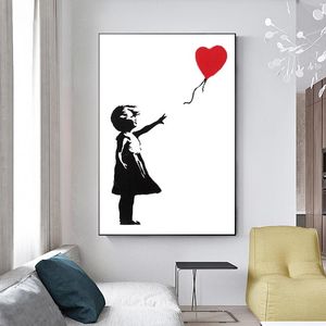 Resimler Kız kırmızı balon ile Banksy Graffiti Sanat Tuval Resim Siyah ve Beyaz Duvar Poster Oturma Odası Ev Dekor Cuadros