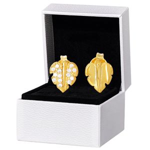 Orecchino a bottone con foglie brillanti placcato in oro giallo 18 carati Scatola originale per orecchini Pandora in argento 925 con regalo per ragazze da donna