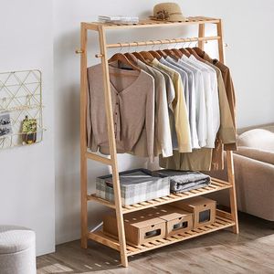 Clothing & Wardrobe Storage Bamboo Garment Coat Clothes Hanging Heavy Duty Rack With Top Shelf And 2-tier Shoe Organizer ShelvesClothing