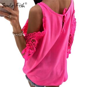 Women Summer Chiffon Blouses New Casual Sexy Sun top Blusas Half Sleeve Lace Patchwork Shirts Off Shoulder Tops Solid LJ200811