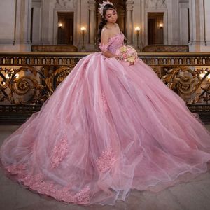 新しいピンク2022 Quinceaneraドレスアップリケスパンコール床の長さの誕生日プロムドレスVestido de 15 Anos Quinceanera Ball Gown