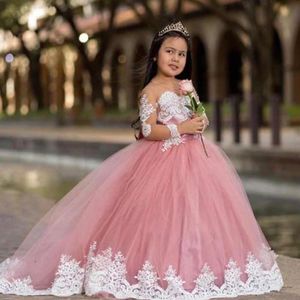 Cute Pink Princess Flower Girls Dresses Jewel Neck Long Sleeves Tulle White Lace Appliques Ball Gown Kids Birthday Girl Pageant Gowns 403