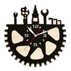 ウォールクロックガレージツールギアレーザーカットデュアルレイヤーワークショップ車修理サービス装飾メカニックサインの素朴なウォッチウォール時計の木時計