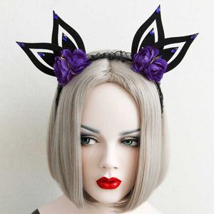 Black Rabbit Ear & Purple Flower Headband Halloween Christmas Party Elf Hair Bands Bar Fabric Floral Hair Accessories