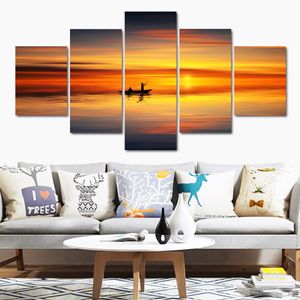 Tela modulare Stampe HD Poster Decorazioni per la casa Immagini di arte della parete 5 pezzi Dipinti di barche da pesca al tramonto Senza cornice