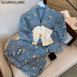 Nomikuma Floral Demin Zwei Stücke Frauen Sets Chic Bowknot Puff Sleeve Turndown Kragen Kurze Tops Hohe Taille Aline Mini Rock 220719