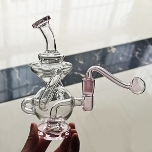 Clear Rökning Rip Rosa Recycler Bong Dab Righoka Settobacco Percolater Bongs med 10mm Man Glas Oljeskål 6,3 tum Söt Tjock Pyrex Bent Neck Shisha Vattenrör