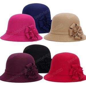 Women Warm Wool Felt Fedora Flowers Hat Ladies Wide Brim Hat Autumn Winter Noble Elegant Girls Fashion Party Cap