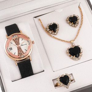 Charm Bracelets Women's Watch Necklace Ring Earrings Set Female's Gift For Mother's Day PU Strap Casual Quartz Good-looking PR S