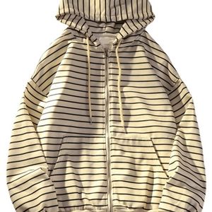 Zip Up Women Korean Style Hoodies For Girls Top Vintage stripe Long Sleeve Oversized Hooded Sweatshirt Jacket Casual Large Coats 220725