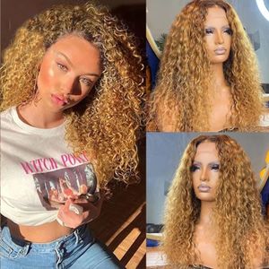 Ombre Honey Blonde Brown Bouncy Curly Wig 13x6 HD Прозрачные кружевные передние парики