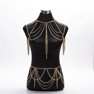 Heta modesmycken tillbehör Punk Heavy Metal Multilayer Tassel Gold Body Chain Long Necklace Statement For Women T200508