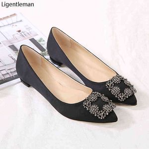 Dress Shoes Black Satin Cloth Flats Woman Basic Fashion Sequined Rhinestones Crystal Diamond Bridal Shoe Work Women 220316