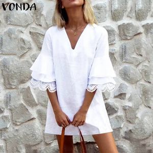 VONDA Fashion Womens Sexig Mini Dress Female Cotton V Neck Hollow Out Fare Sleeve Mini Dresses Summer Fashion Sweet New Ankomst MX200518