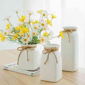 1pc Minimalist Beyaz Çiçek Vazo Seramik Vazo Kenevir Halat Ev Dekorasyon Masaüstü Vazo Kurutulmuş Çiçek Konteyneri Pot 210409