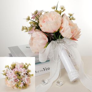 Pink Artificial Bridal Bouquet Bride Wedding Flowers Ribbon Bow Handle Romantic Buque de Noiva W5154