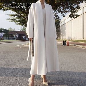 Galcaur vintage överrock för kvinnor v hals långärmad lapptäcke snör upp lösa överdimensionerade tweed överrockar kvinnliga fallkläder 201221