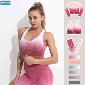 Women Seamless Yoga Wear Gym Workout Clothing Piece Activewear Set Color Gradient Crop Top Sports Bra High Waist Leggings J220706