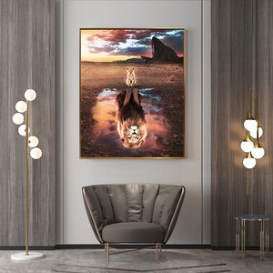 African Lion Cubs Sunset Inverted Wild Animal Canvas Art Painting Posters and Prints Cuadros Wall Art Picture for Living Room