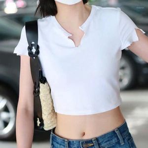 Bazaleas harajuku Small V Neck Crop Top Streetwear Beskuren Kvinnor T-shirt Vintage Casual Slim Tshirt Kvinnors