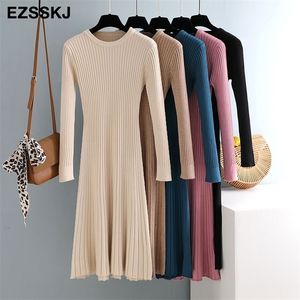 elegant Long sleeve OL O neck long Sweater dress women Thick knit Autumn Winter dress female Slim A line basic dress casual 210322