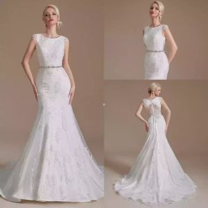 2022 Sheer Cap Sleeves Lace Mermaid Wedding Dresses Tulle Applique Beaded Sash Sweep Train Bridal Gowns Vestidos De Novia CPS1997 ups