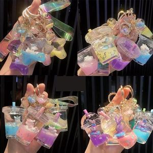 キーホルダーヒトデ流砂オイルミルクティーカップアクリル液体ペンダント漂流ボトル通学バッグ小さなギフトキーチェーンバルク