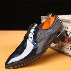 Top Mens Leather Dress Shoes British Printing Blue Gray Red Oxfords Flat Office Party Wedding Shoes