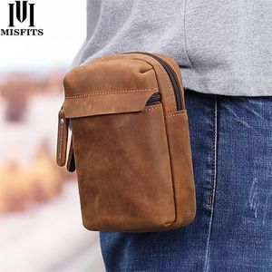 MISFITS crazy horse leather waist packs men vintage small fanny pack with Cigarette case belt phone bag Male hook loops bum bag 201117