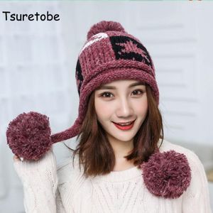 Tsuretobe High Quality Cashmere Beanies Women Winter Hats Fashion Link Type Knitted Hat Female Girl Autumn Fur Pompom 2022 Beanie/Skull Caps