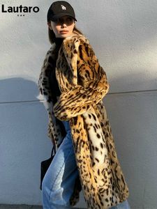 Lautaro vinterlånga varmt tjock leopard fluffig faux päls kvinnor tiger tryck bana lös lyxdesigner kläder kvinnor 2022 t220716