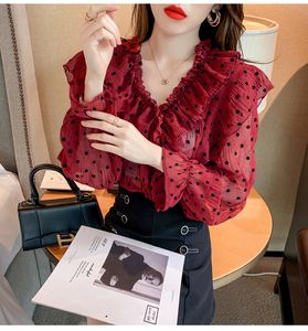 New fashion women's spring autumn v-neck ruffles patchwork lantern long sleeve perspective dotted blouse shirt SMLXL