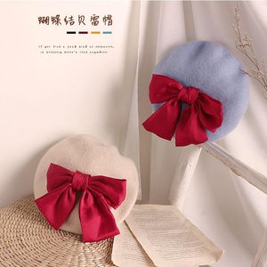 CAPS HATS Big Red Bowknot Vintage French Beret For Women Girl Artist Warm Wool Winter Beanie Hat Cap Berets ZZ393Caps