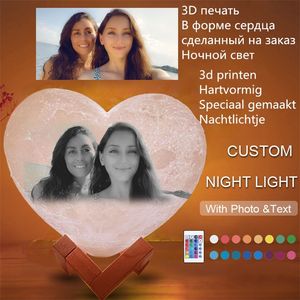 Dropship şarjı özelleştirilmiş 3d baskı ay lambası kalp şekli kişiselleştirilmiş po metin ay gece ışık sevgililer günü hediye 220623