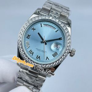 NY DAG DATUM 36MM MENNARVARS ICE BLÅ DIAL FLUTED BEZEL Roman Marks A2813 Automatiska herrar Titta på Diamond Bezel SS President Armband High Quality Puretime B265A2