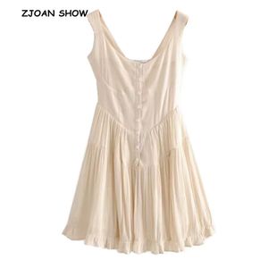 Vintage Button O neck Women Sleeveless Mini Dress Sexy Spliced Wood Ear Ruffles hem Pleated Short Dresses Femme Vestido 220511