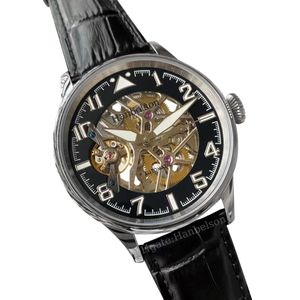 Tourbillon Skeleton Dial Mens watches Automatic mechanical movement Glass bottom cover Black Leather Strap Foldover Clasp 44mm wristwatch