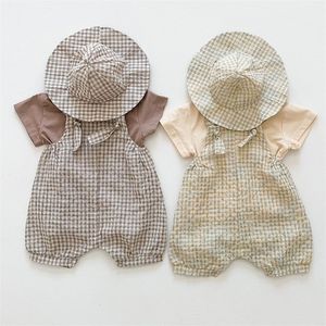 Korean Style Summer Infant Baby Boys Girls Clothes Set Cotton T-shirt+Lattice Jumpsuit+Hat born Clothing Suit 220326