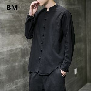 Linen Shirts Men Clothing Chinese Style Long Sleeve Retro Buttoned Shirt Solid Color Stand-up Collar Loose Plus Size Tops 220401