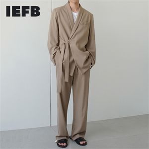 IEFB Korean Trend Men's Cotton Suit Coat Loose Casual Bandage Belt Blazers Spring Autumn Blazer Khaki Men's Clothing 220527